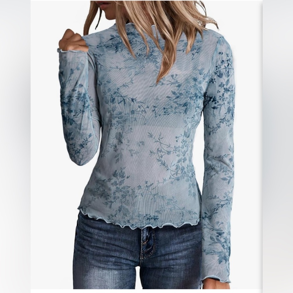 Light Blue Mesh Long Sleeve Lettuce Trim Floral Top Stretchy